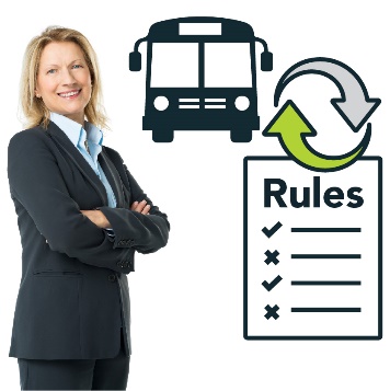 A smiling woman in a suit crossing her arms and the bus icon. There is a rules icon with the change icon on it. 