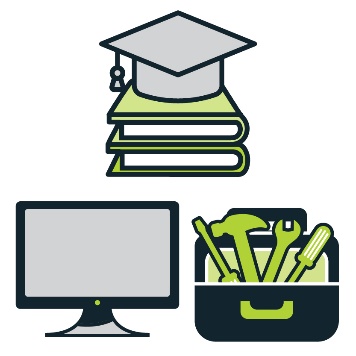 A stack of books with a graduation cap on top, a computer screen, and a toolbelt with tools in it.