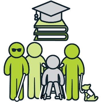 A group of people with different disabilities. Above them is a stack of books with a graduation cap on top. 