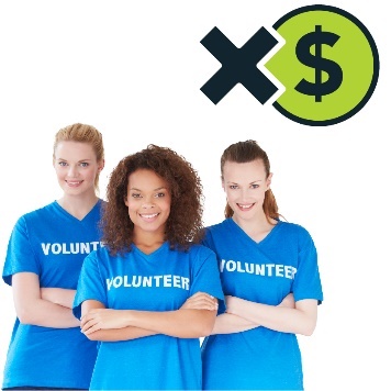 A group of volunteers, with a dollar sign and a cross.