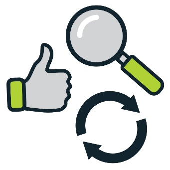 A magnifying glass next to a thumbs up and a change icon.