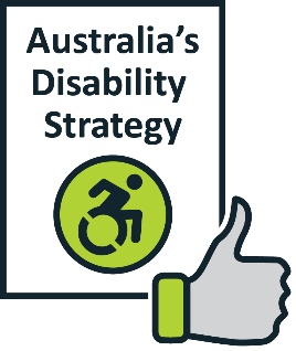 The Australia Disability Strategy document with a thumbs up icon next to it.