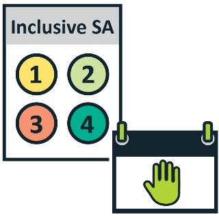 Inclusive SA document with 4 circles labelled one, 2, 3 and 4. Next to it is a calendar with a stop hand icon on it.