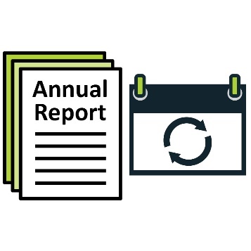 An annual report next to a calendar with a change icon on it.