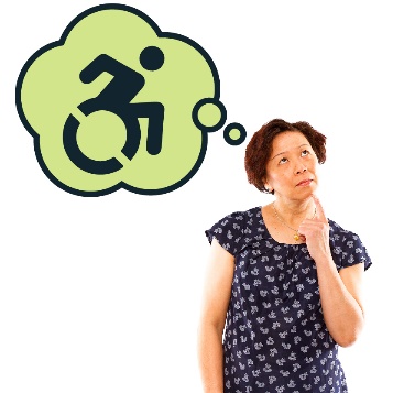 A woman looking up and thinking with a thought bubble containing the disability icon.