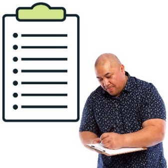 A man writing on a clipboard next to a document with lots of points.