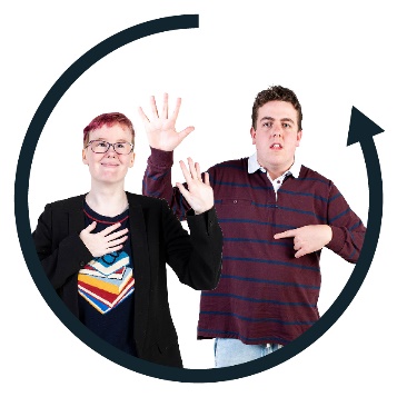 2 people with autism pointing at themselves with one hand and raising their other hand. There is an arrow curved around them.