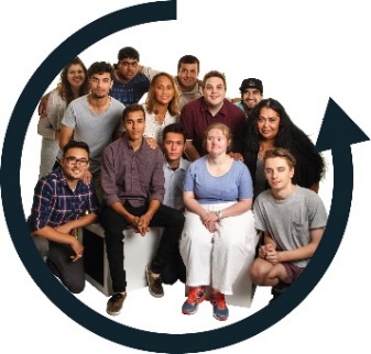 A large and diverse group of people with an arrow circling around them.