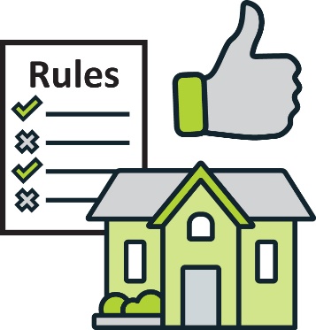 A rules document next to a thumbs up and a house icon.