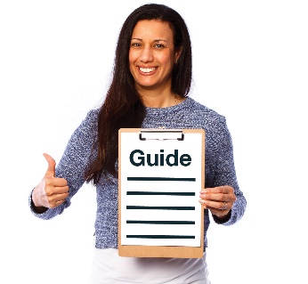 A woman giving a thumbs up and is holding a clipboard with 'Guide' on it. 