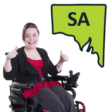 A woman in a wheelchair giving 2 thumbs up next to an icon of South Australia.