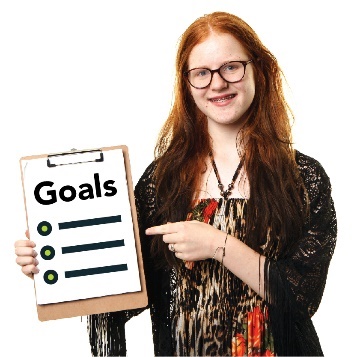 A girl holding a clipboard with Goals on it. 