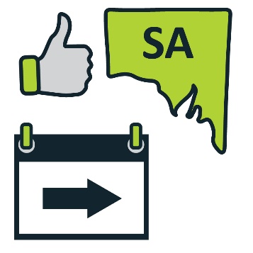 A thumbs up next to the icon of South Australia. There is a calendar with an arrow pointing to the right below these icons.