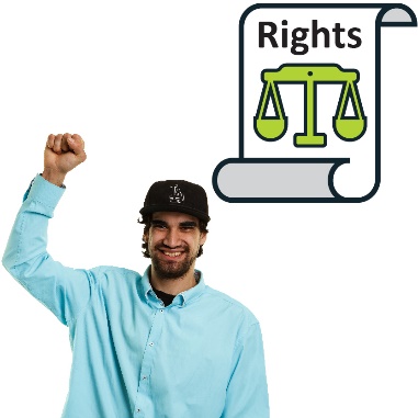 A person with their fist in the air and a rights document with justice scales on it.