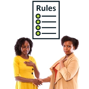 A rules document and 2 people shaking hands.