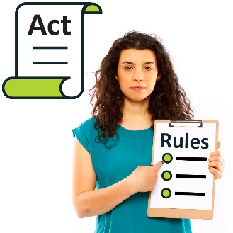 An Act icon next to a woman holding and pointing to a clipboard with a Rules document on it.