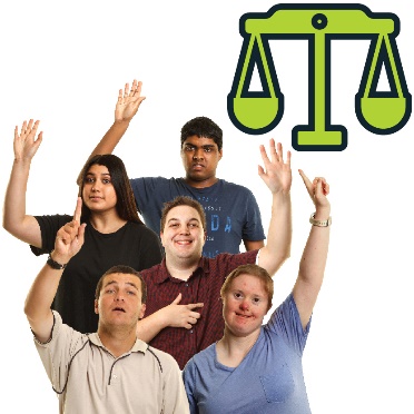 A diverse group of people with their hands raised next to an icon of justice scales.