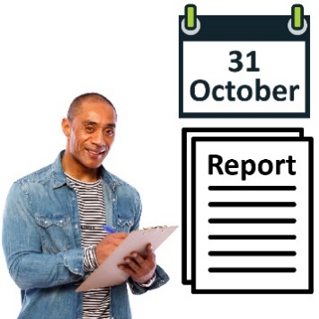 A man holding and writing on a clipboard next to an icon of a report and a calendar that reads '31 October'.