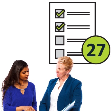 2 women working together. Next to them is a goals document with half the checkboxes ticked and the number 27 next to it.