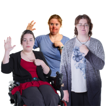 3 women with disabilities pointing at themselves with their other hand raised. 