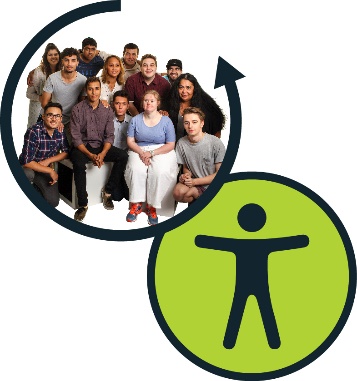 A large and diverse group of people with an arrow circling around them, next to an accessibility icon.