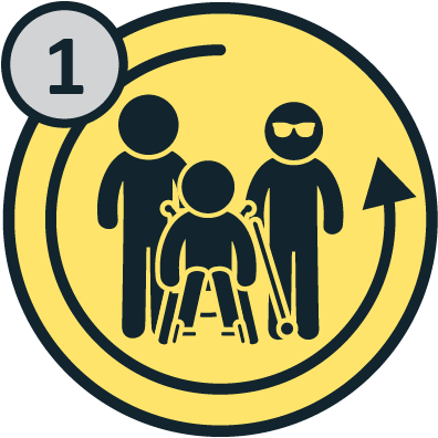 Icon of a group of people with disability with an arrow curving around them and the number one next to it.