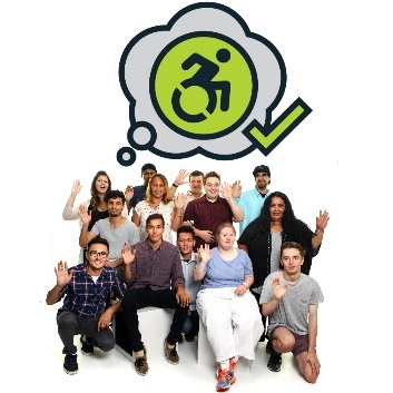 A diverse group of people raising their hands. A thought bubble above them has the disability icon and a tick next to it.