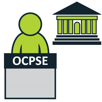 A person at a desk that has the sign 'OCPSE' next to an icon for state government.