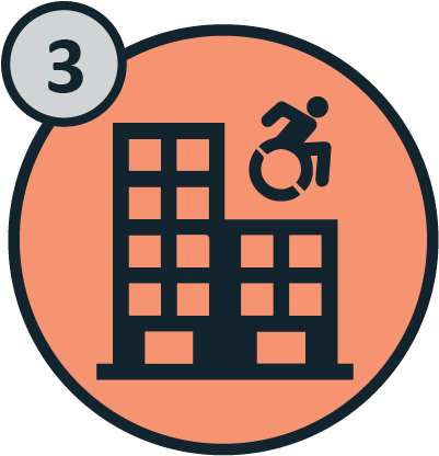 A building icon with an accessibility icon and the number 3 above it.