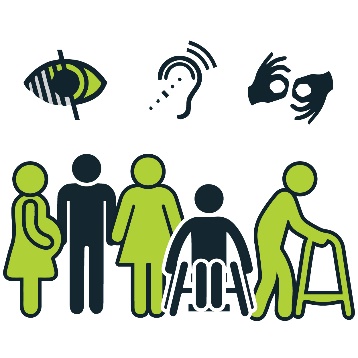 A group of people: a pregnant woman, a person in a wheelchair, a person using a walker, and two other people. There is also a blind, deaf and Auslan icon.