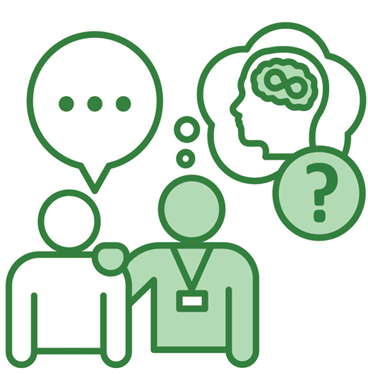 A person with a speech bubble. A worker is supporting them. The worker has a thought bubble showing an autism icon and a question mark.