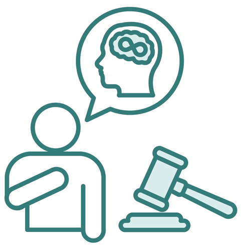 A person with their hand on their chest, and a speech bubble showing an autism icon. Next to them is a judge's gavel.