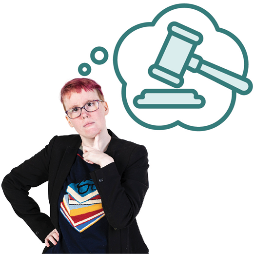 An Autistic person thinking, with a thought bubble showing a judge's gavel.