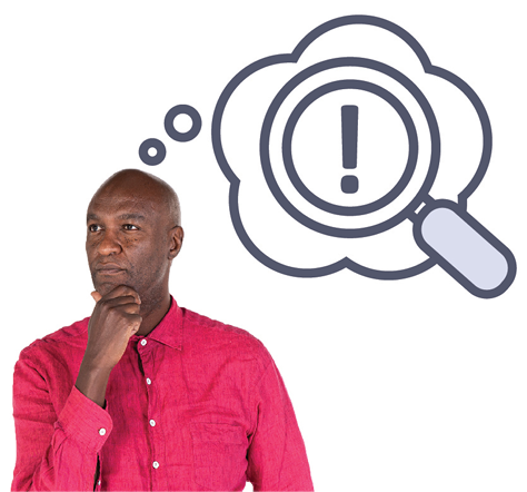 A person thinking, with a thought bubble showing a magnifying glass with an exclamation mark on it.