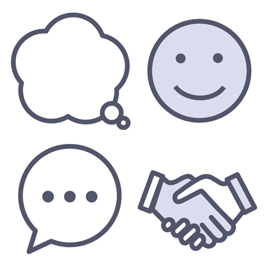 A group of four icons: a thought bubble, a smiling face, a speech bubble and a handshake.