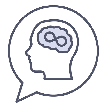 A speech bubble showing a head with the brain highlighted and an infinity symbol.