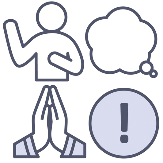 A group of 4 icons. The first is a person pointing to them self. The second is a thought bubble. The third is two hands together in prayer. The fourth is an icon showing important.