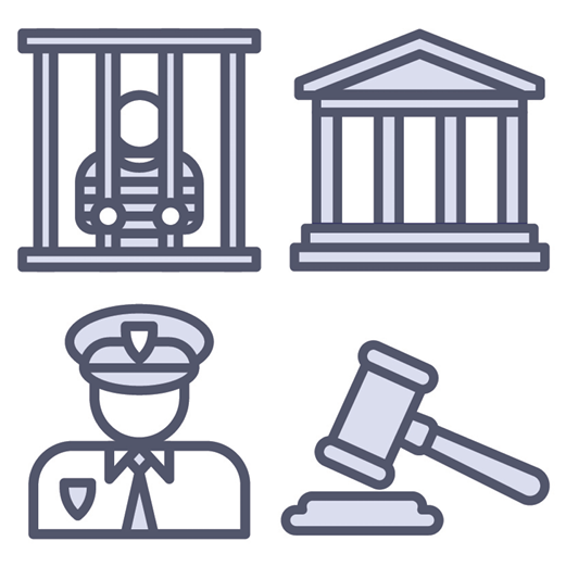 A person in a prison cell, a court building, a police officer, and a judge's gavel.