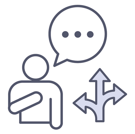 A person pointing to them self, with a speech bubble. Beside them is an arrow pointing 3 different ways.