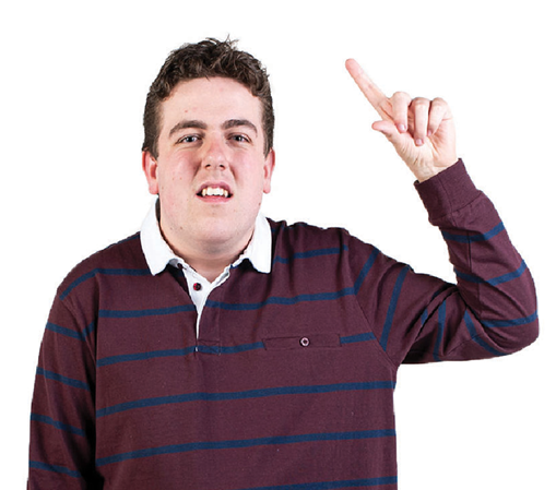 An Autistic person with their hand up.