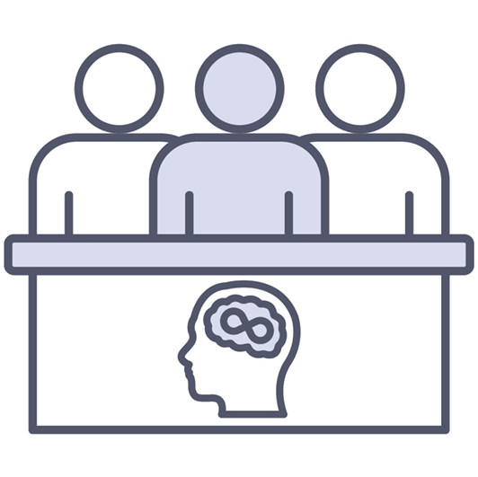 3 people standing behind a panel that shows a head with the brain highlighted and an infinity symbol.