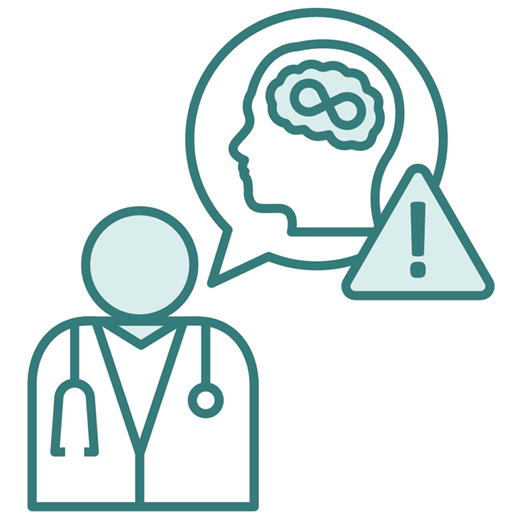 A doctor with a speech bubble showing a head with the brain highlighted and an infinity sign. There is a problem icon on in.