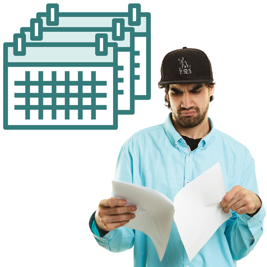 A stack of 3 calendars, and a person looking confused while reading a document.