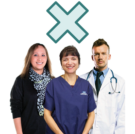 3 health workers under a cross.