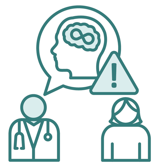 A doctor with a speech bubble showing a head with the brain highlighted and an infinity sign. There is a problem icon on in. The doctor is talking to a woman.