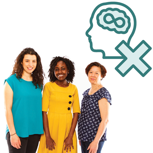 3 women standing together. Above them is a head with the brain highlighted and an infinity sign, with a cross on it.