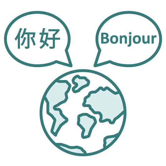 The Earth with 2 speech bubbles coming from it. One shows 'hello' in Chinese. The other shows 'hello' in French.