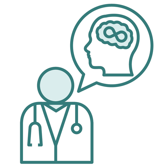 A doctor with a speech bubble showing a head with the brain highlighted and an infinity sign.