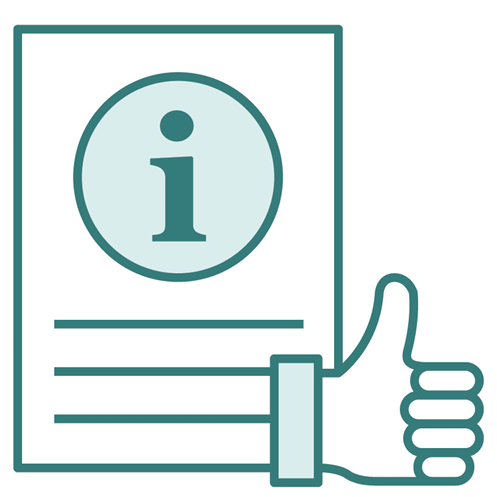 A document with an information icon, and a thumbs up.