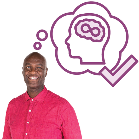 A person with a thought bubble showing a head with the brain highlighted and an infinity sign.